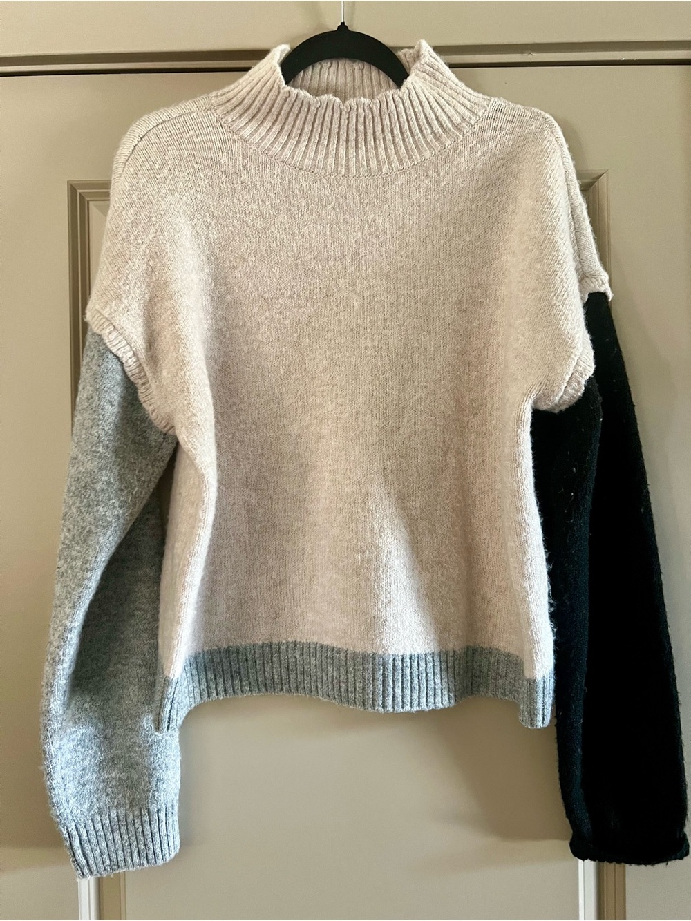 Colorblock Mock Neck Sweater in Cream with Gray & Black Sleeves